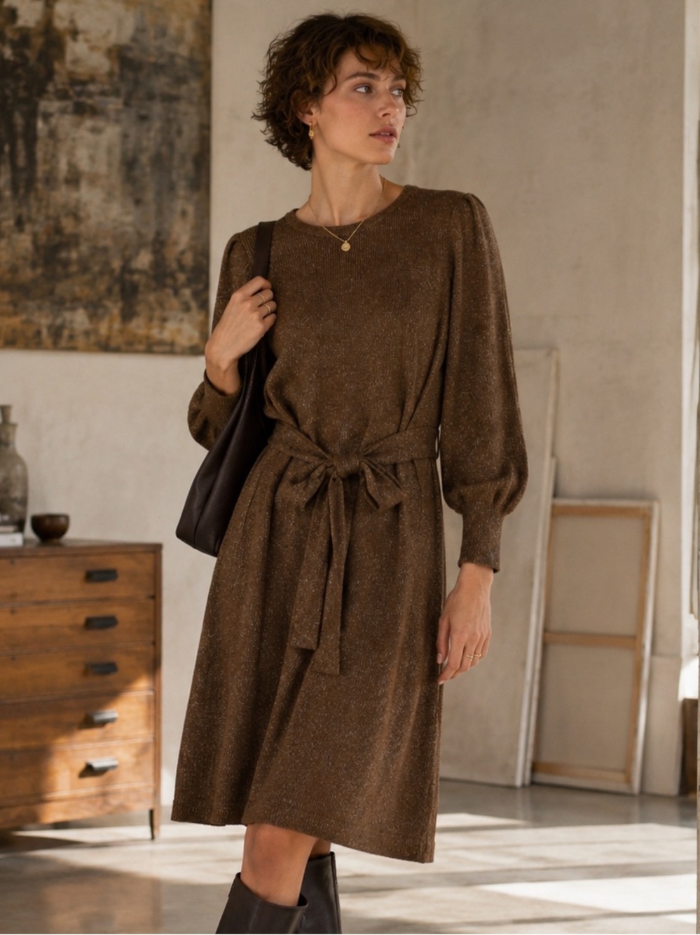 Calvin Klein Knit Belted Sweater Midi Dress Balloon Sleeve Size L Autumn Wedding